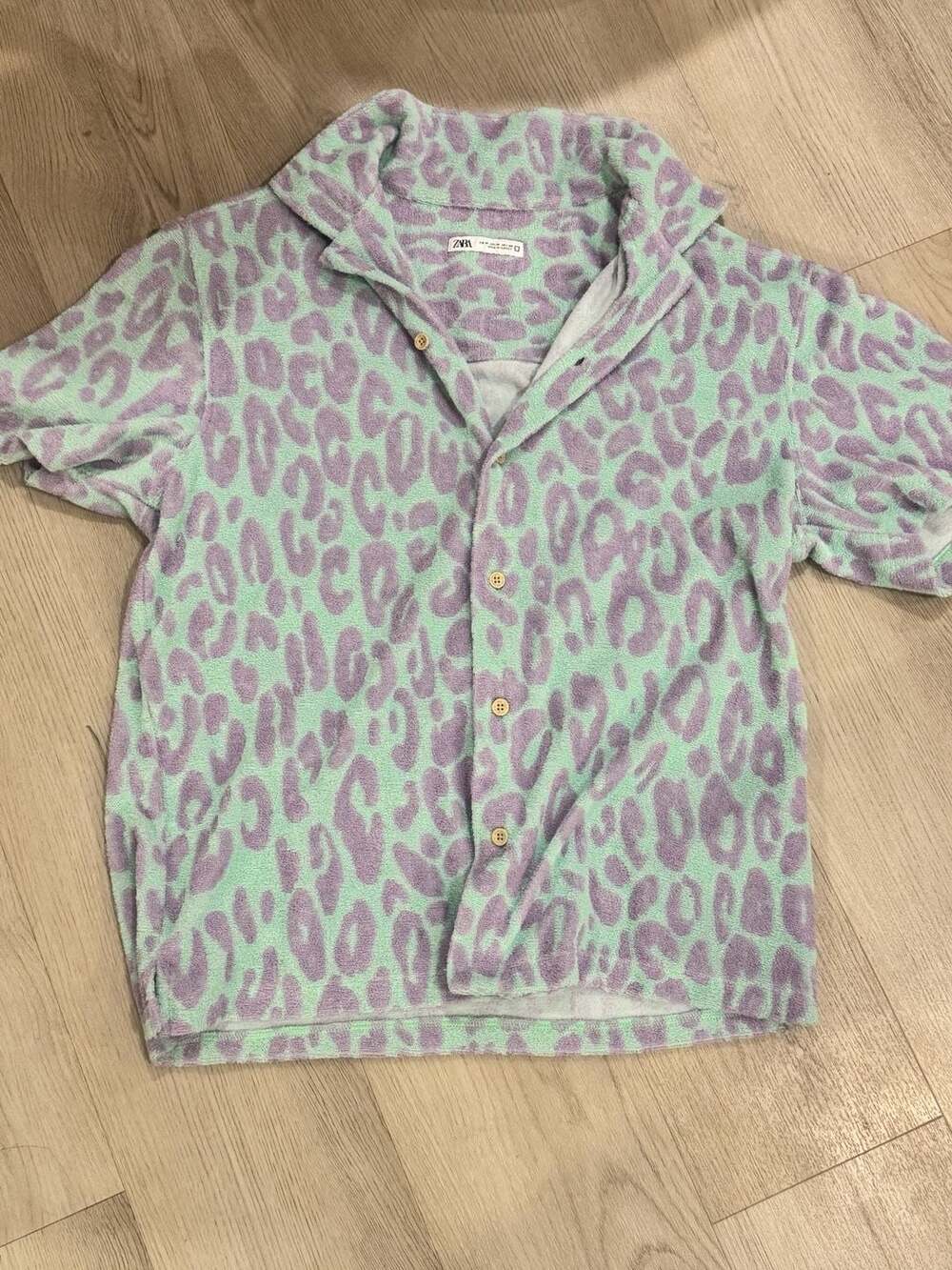 Zara Terrycloth Animal Print Shirt Size M Green Purple Leopard